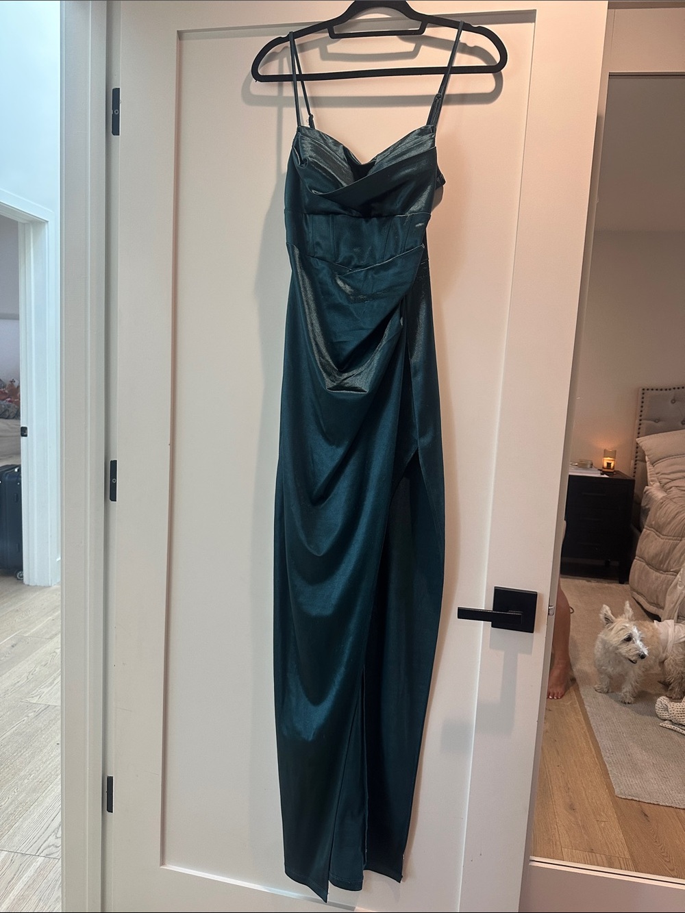 Satin Cowl Neck Spaghetti Strap Dress - Teal
